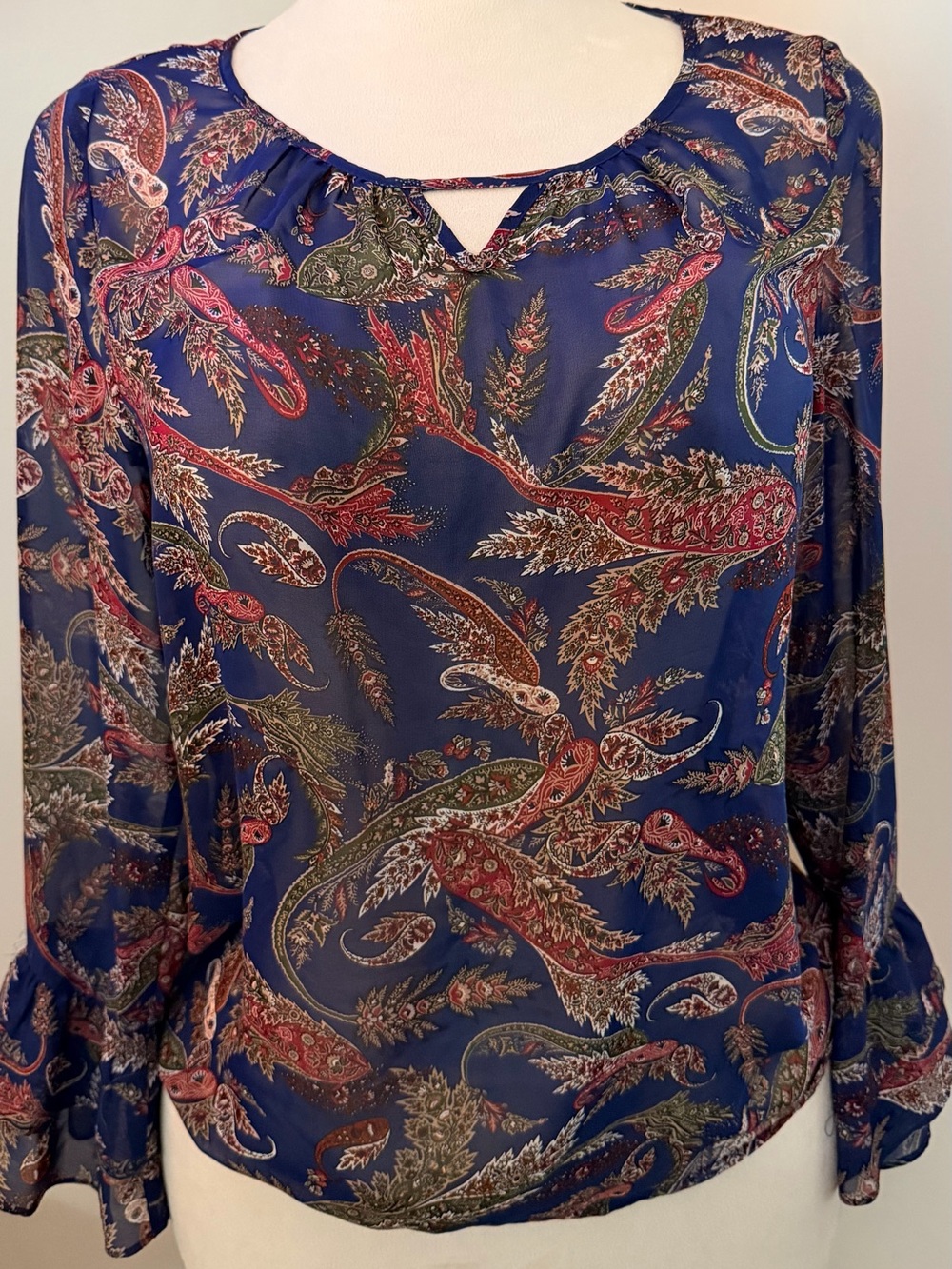 AGB Paisley Chiffon Bell Sleeve Keyhole Boho Blouse M Y2K Flowy Romantic Fall